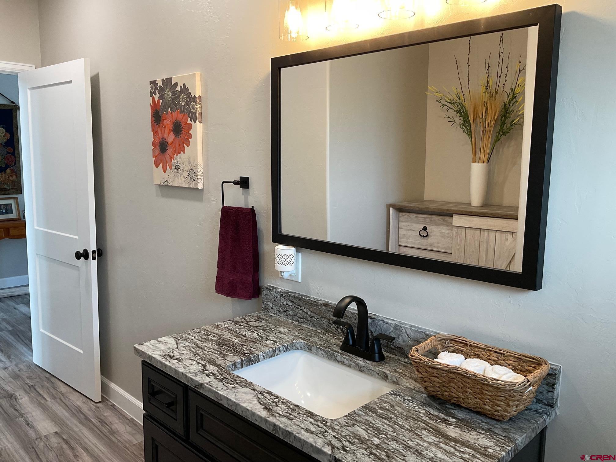24203 Valley View Circle Cedaredge, CO 81413 - Photo 26 of 41 a bathroom with a granite countertop sink and a mirror