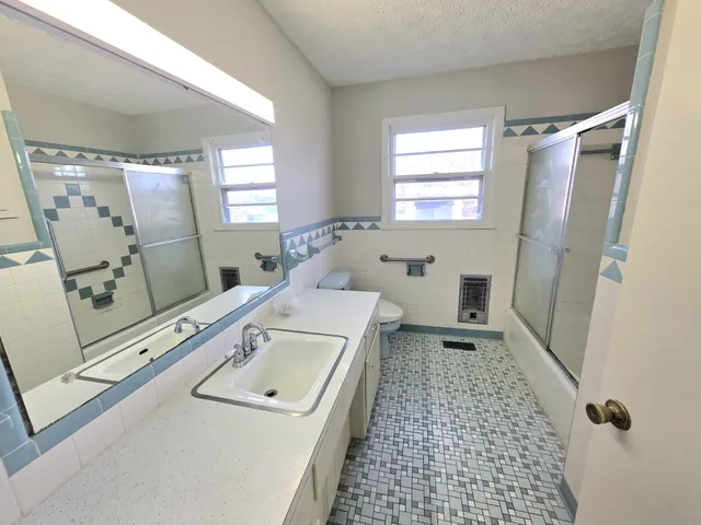 a bathroom with a sink a toilet and a shower