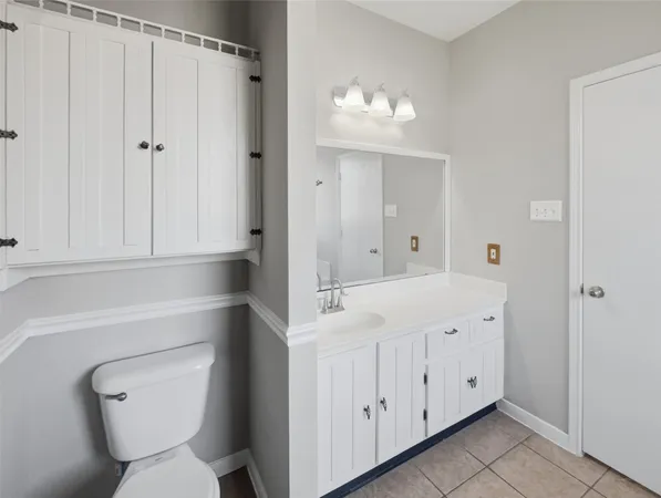 a bathroom with a sink a toilet a large mirror and vanity