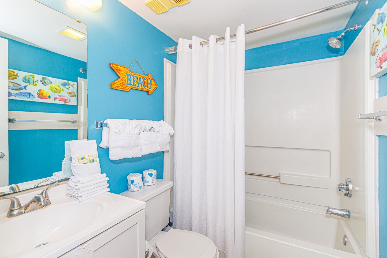 1605 South Ocean Boulevard, Unit 505 Myrtle Beach, SC 29577 - Photo 22 of 38 Full bathroom featuring vanity and shower / tub combo with curtain