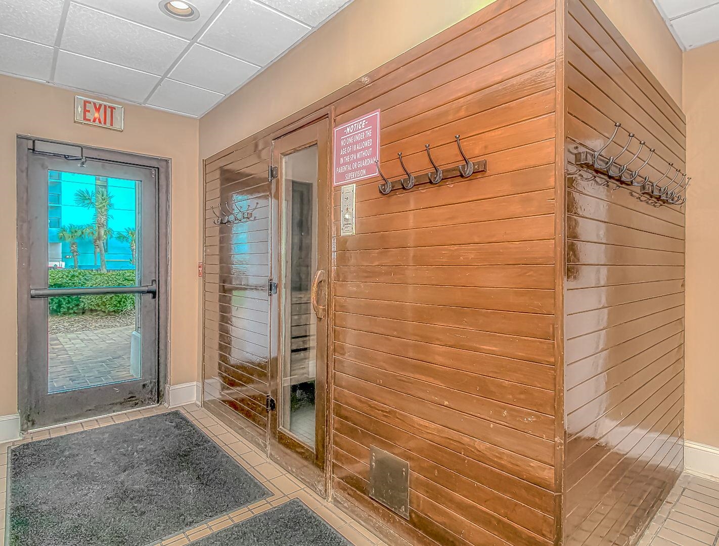 1605 South Ocean Boulevard, Unit 505 Myrtle Beach, SC 29577 - Photo 36 of 38 Relaxing sauna featuring tile patterned floors and wood walls