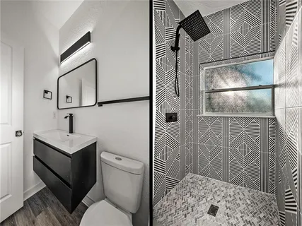 a bathroom with a toilet sink and shower