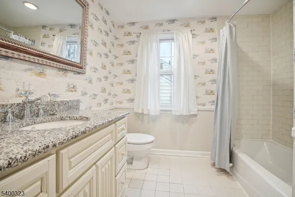 a bathroom with a granite countertop sink a toilet and shower