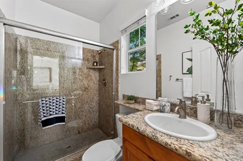 a bathroom with a sink a toilet and shower