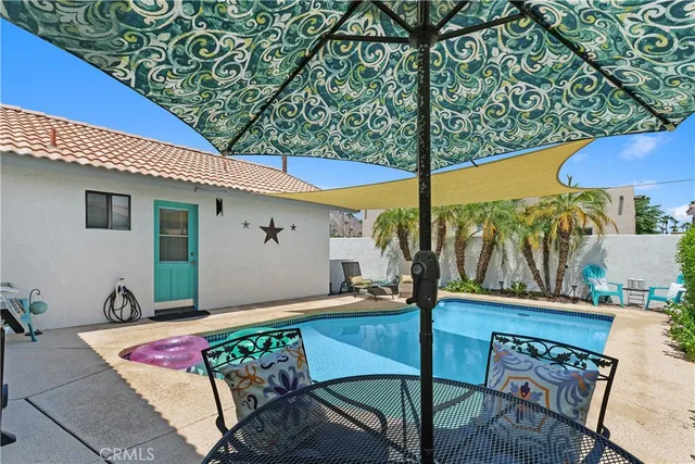 an outdoor space with furniture