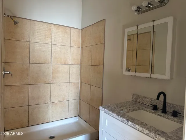 a bathroom with a granite countertop sink a mirror and shower