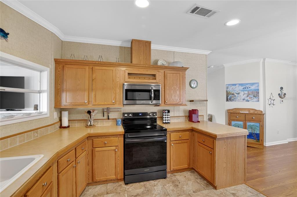 37526 Rio Lane Zephyrhills, FL 33541 - Photo 20 of 58 a kitchen with stainless steel appliances a stove sink microwave and cabinets