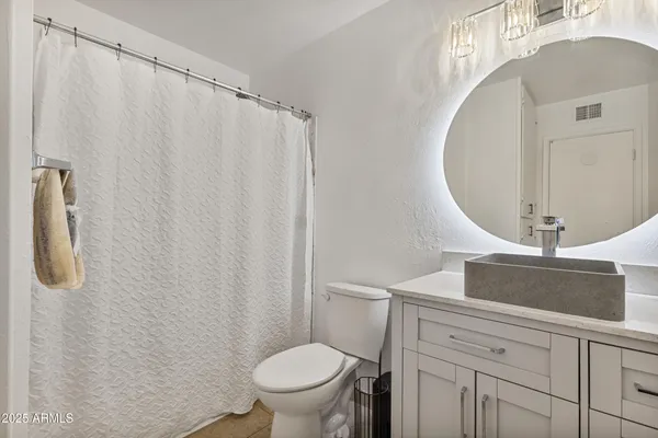 a bathroom with a sink a toilet and shower curtain