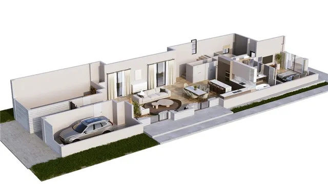 a living room with furniture and a table