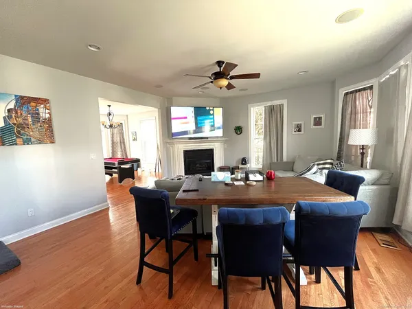 a view of a dining room with furniture