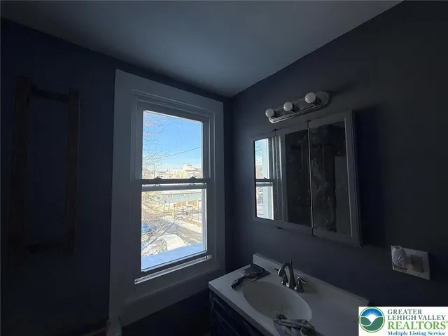 a bathroom with a sink and a window