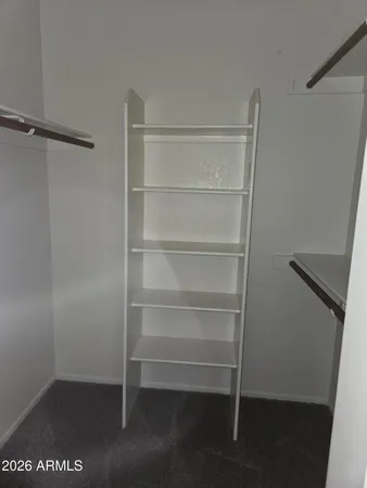 a view of walk in closet with empty racks