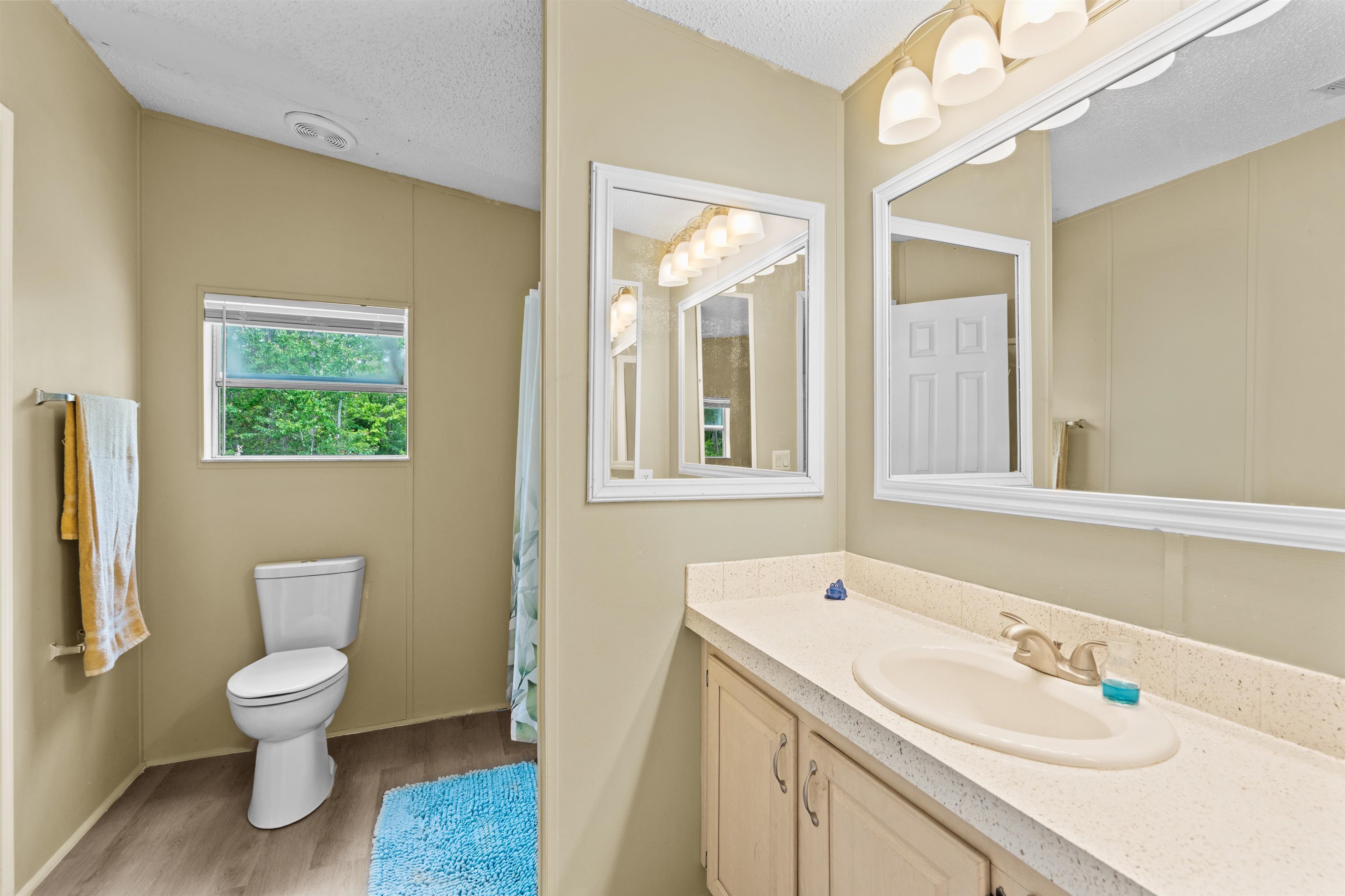 2130 Carter Road St. Augustine, FL 32084 - Photo 22 of 67 Full bath featuring a textured ceiling, curtained shower, vanity, and light wood finished floors
