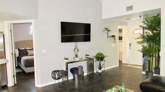 a living room with furniture potted plant and a flat screen tv