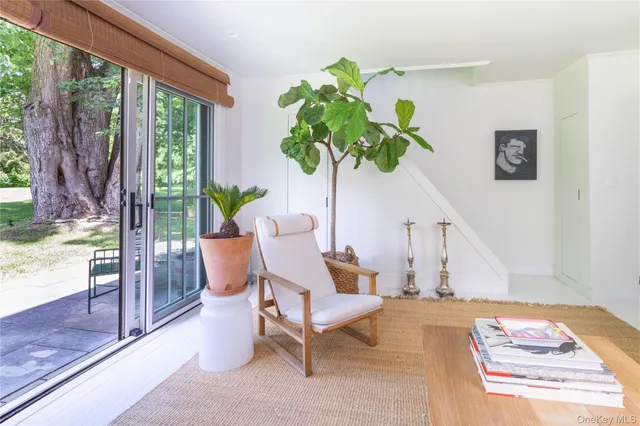 a work room with furniture and a potted plant