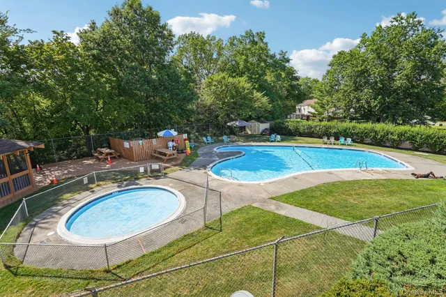 a view of a swimming pool with a patio and plants