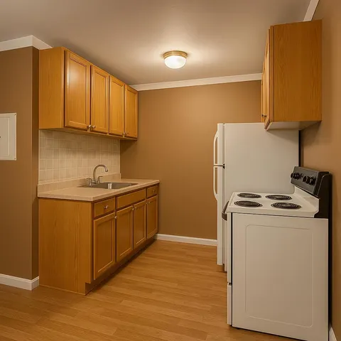 a kitchen with a sink a stove and a refrigerator