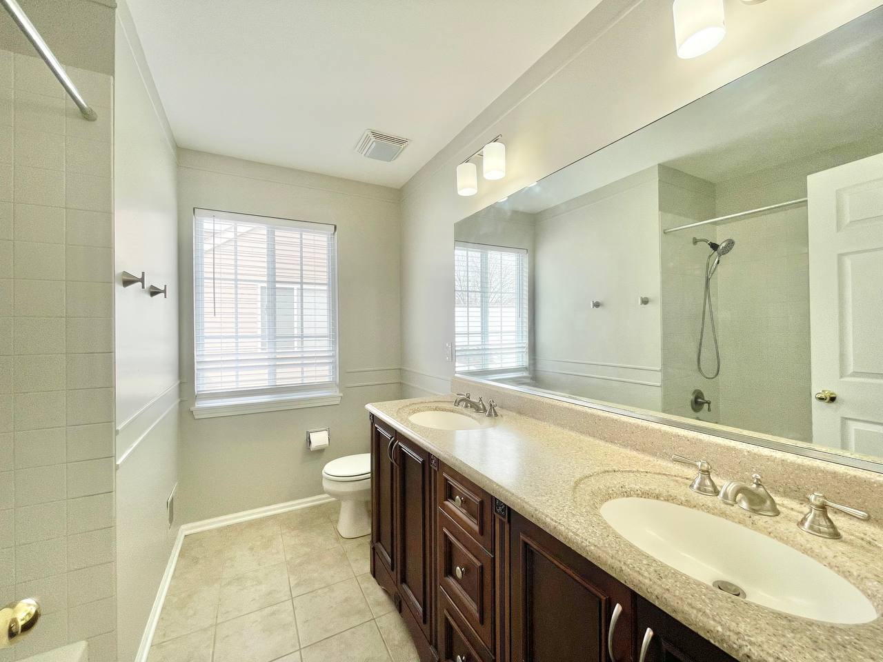 602 Pearces Ford Road Oswego, IL 60543 - Photo 24 of 40 a bathroom with a granite countertop double vanity sink a mirror and a bathtub