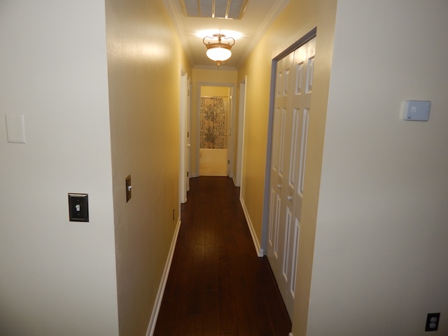855 Louie Lane Seneca, SC 29678 - Photo 16 of 33 This inviting hallway features rich hardwood flooring leading to a well-appointed bathroom.