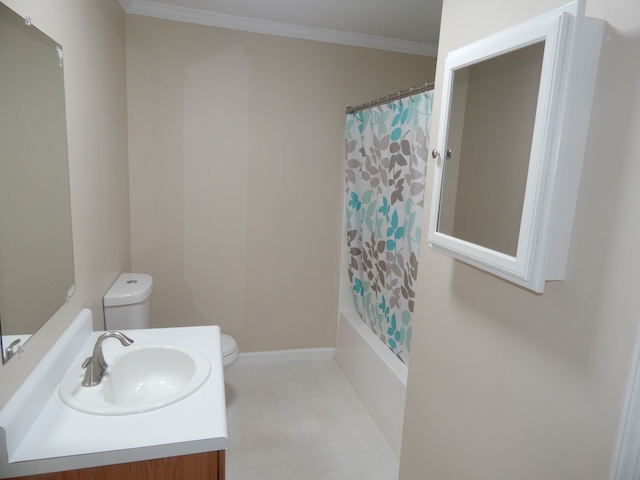 855 Louie Lane Seneca, SC 29678 - Photo 29 of 33 This bathroom features a sleek vanity, mirror, and a tub with a stylish shower curtain.
