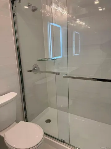 a bathroom with a toilet and a shower