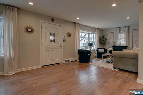 a view of a dining room with furniture