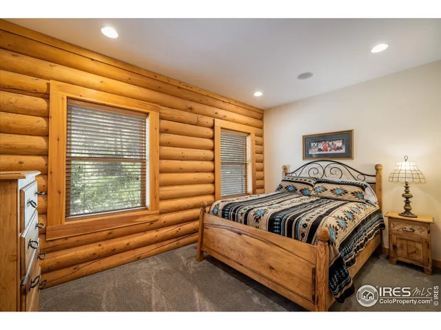 a view of a bedroom with furniture and windows