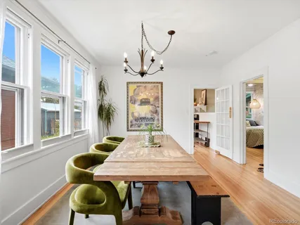 a view of a dining room with furniture window and wooden floor