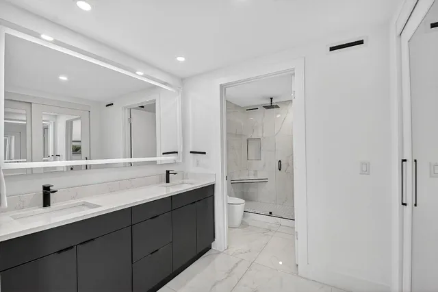 a bathroom with a double vanity sink mirror and toilet