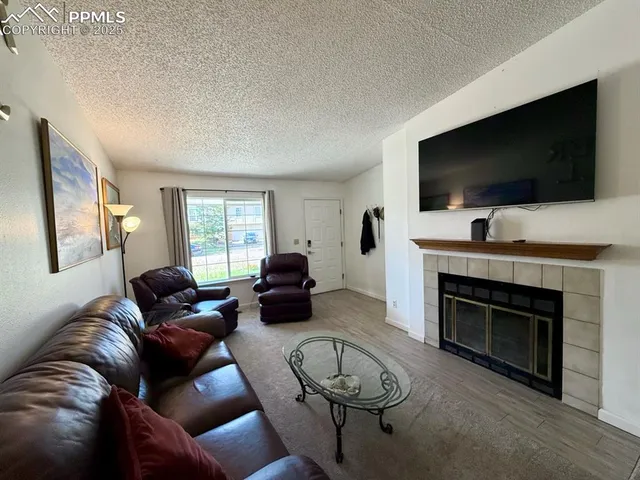 a living room with furniture a flat screen tv and a fireplace