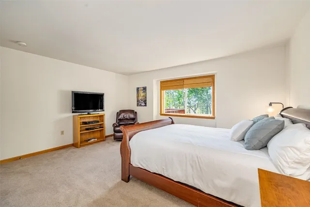 a bedroom with a bed and a television