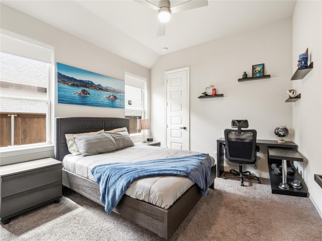 15340 Crape Myrtle Road Frisco, TX 75035 - Photo 29 of 40 Bedroom featuring a ceiling fan, dual windows with roller shades, and plush carpeting