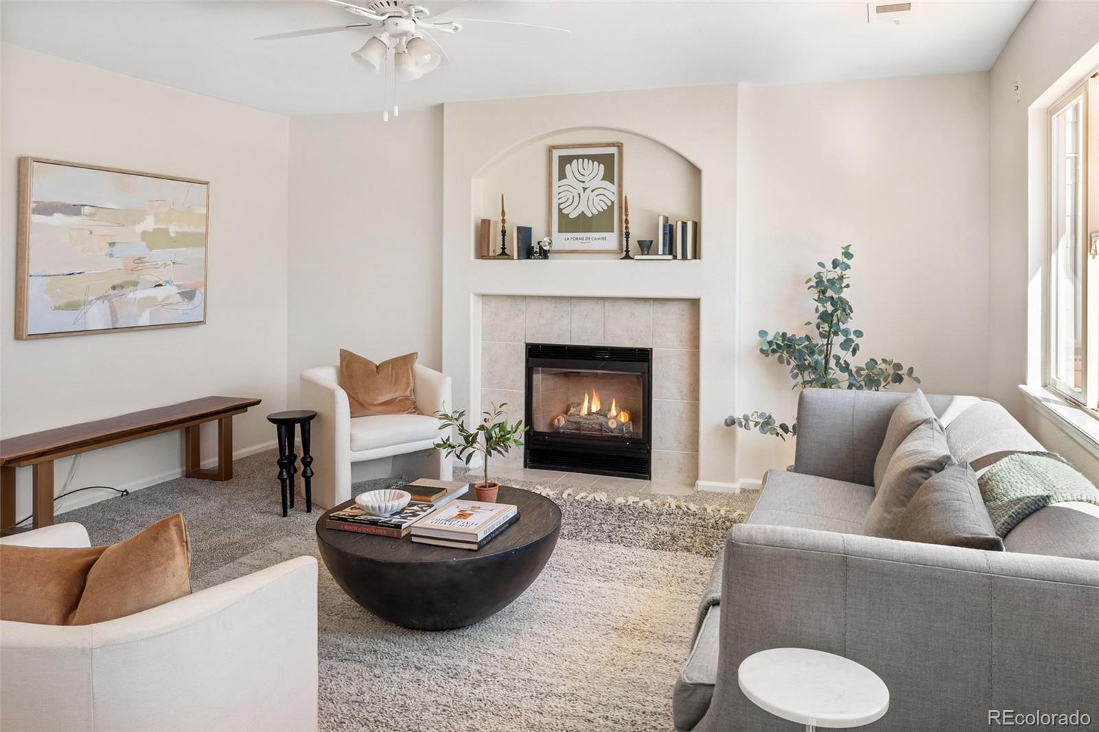 9741 Moss Rose Circle Highlands Ranch, CO 80129 - Photo 8 of 46 a living room with furniture and a fireplace