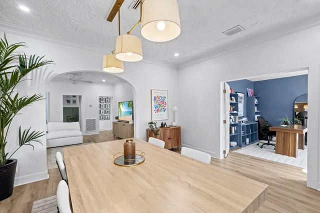 a view of a dining room with furniture