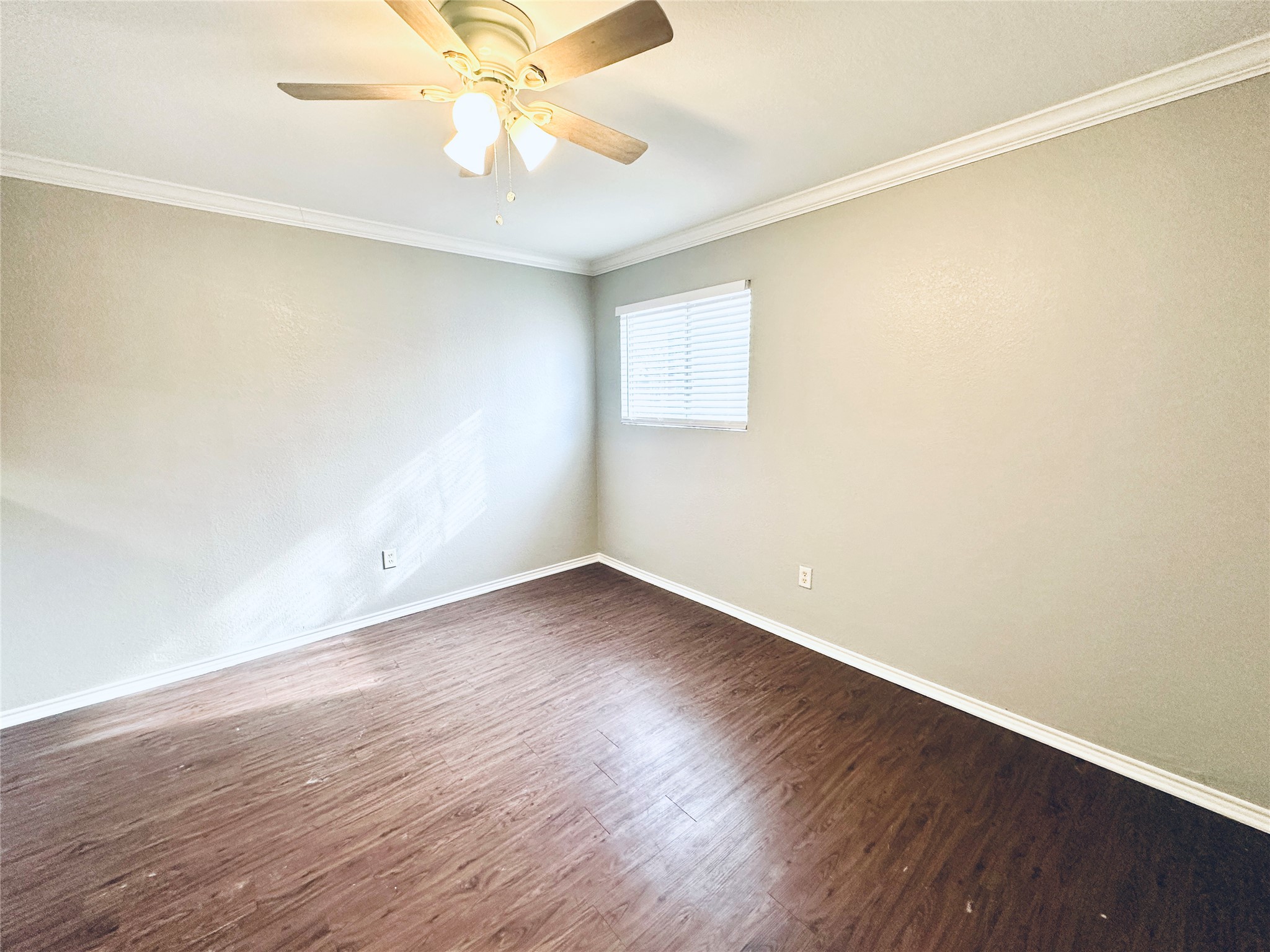 805 South Center Street, Unit 108 Austin, TX 78704 - Photo 2 of 14 Unfurnished room with ornamental molding, dark wood finished floors, ceiling fan, and a textured wall