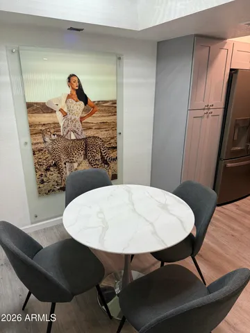 a view of a dining room with furniture