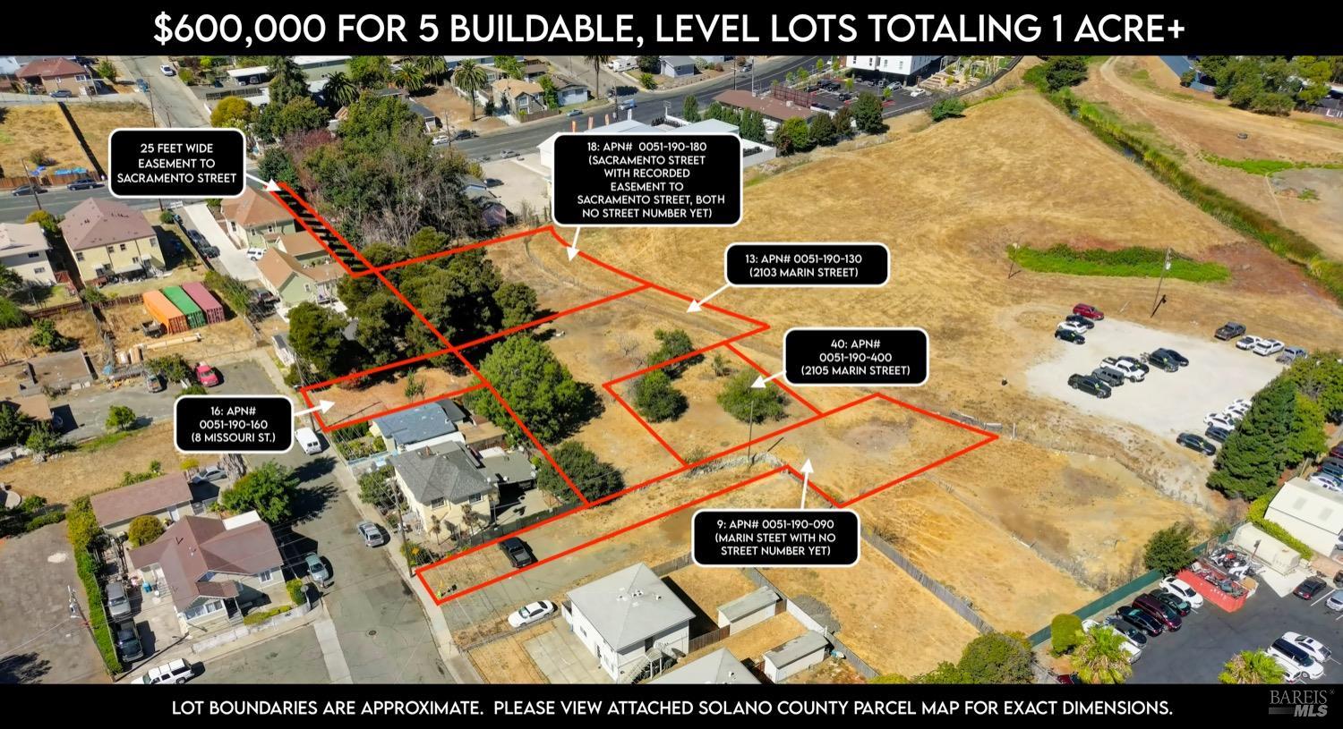5 adjoining level residential parcels.  Access to Misssouri, Marin, & Sacramento (25 ft wide easement) Sts.