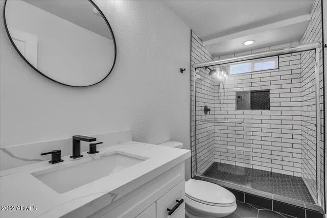 a bathroom with a sink a toilet and shower