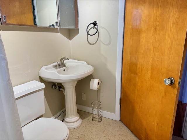 2918 Pershing Boulevard Clinton, IA 52732 - Photo 16 of 33 a bathroom with a sink a toilet and shower curtain