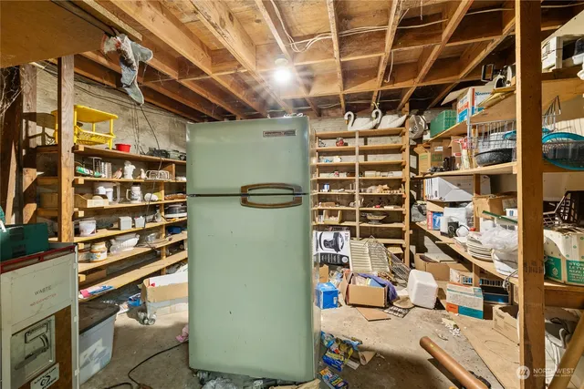 a view of a storage room with furniture