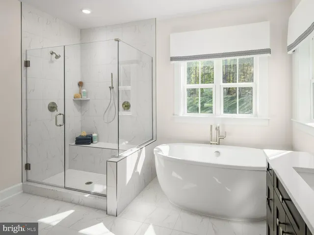 a bathroom with a bathtub and a shower