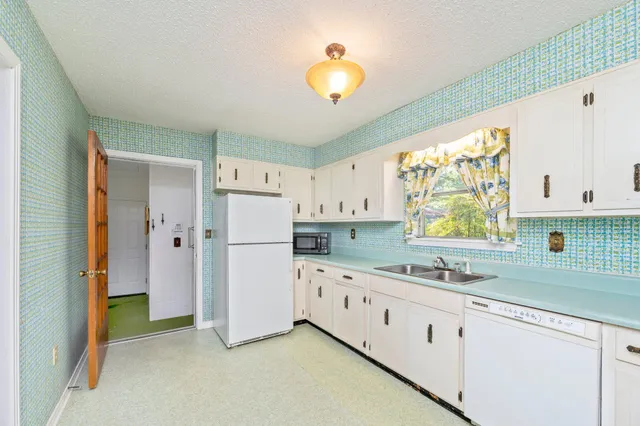 a kitchen with a refrigerator and a sink