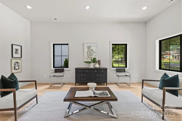a living room with furniture a rug and a window