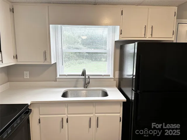 a kitchen with a sink a refrigerator and cabinets