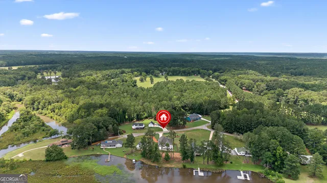 an aerial view of green landscape with trees houses and lake view