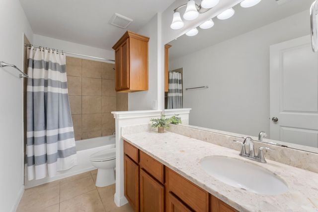 a bathroom with a granite countertop double vanity sink mirror and shower