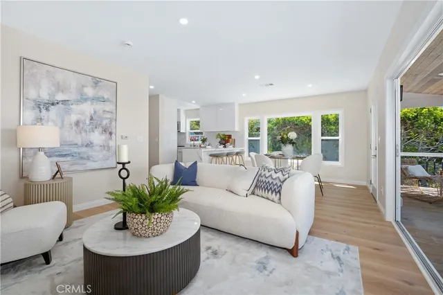a living room with furniture potted plant and a large window