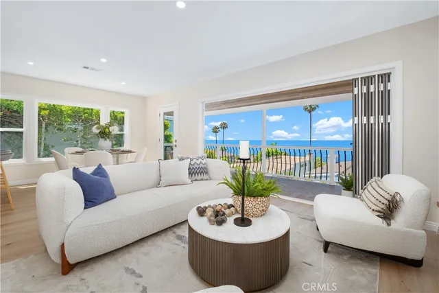 a living room with furniture potted plant and a large window
