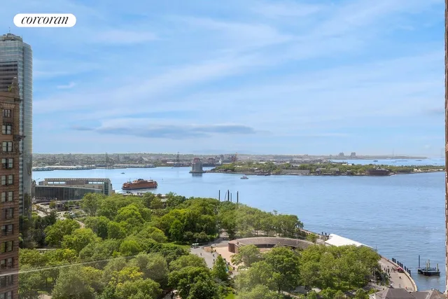 a view of a lake with a city
