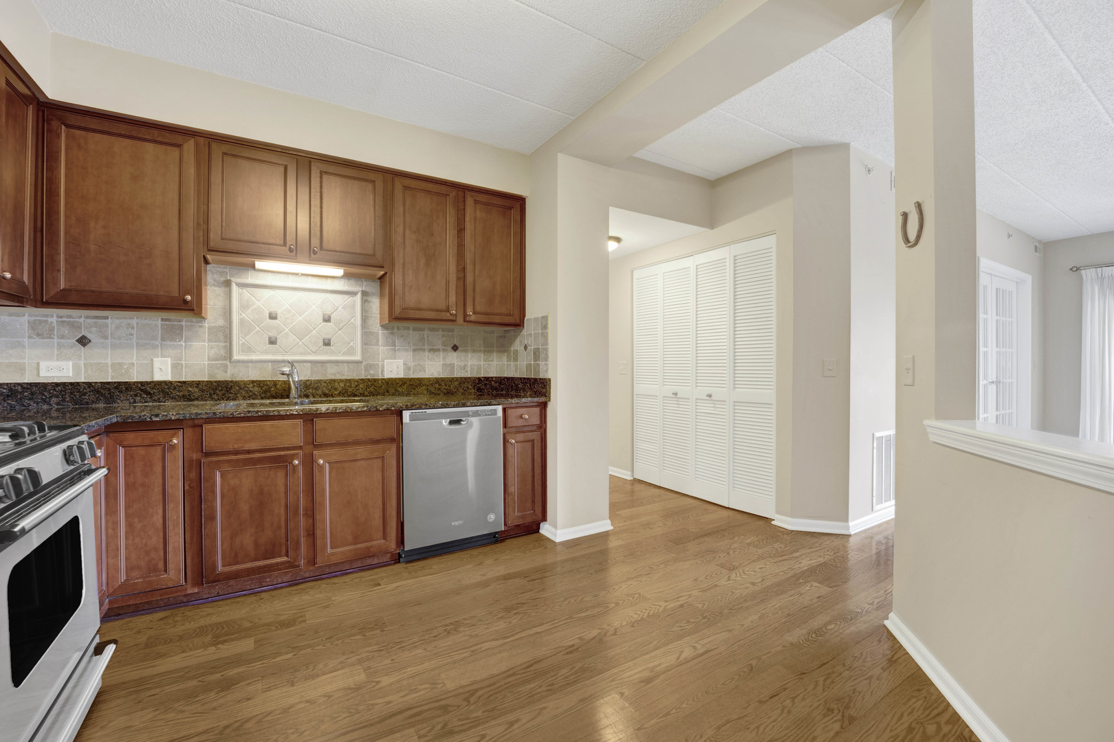 201 West Brush Hill Road, Unit 203 Elmhurst, IL 60126 - Photo 9 of 24 a kitchen with granite countertop wooden cabinets a sink and stainless steel appliances